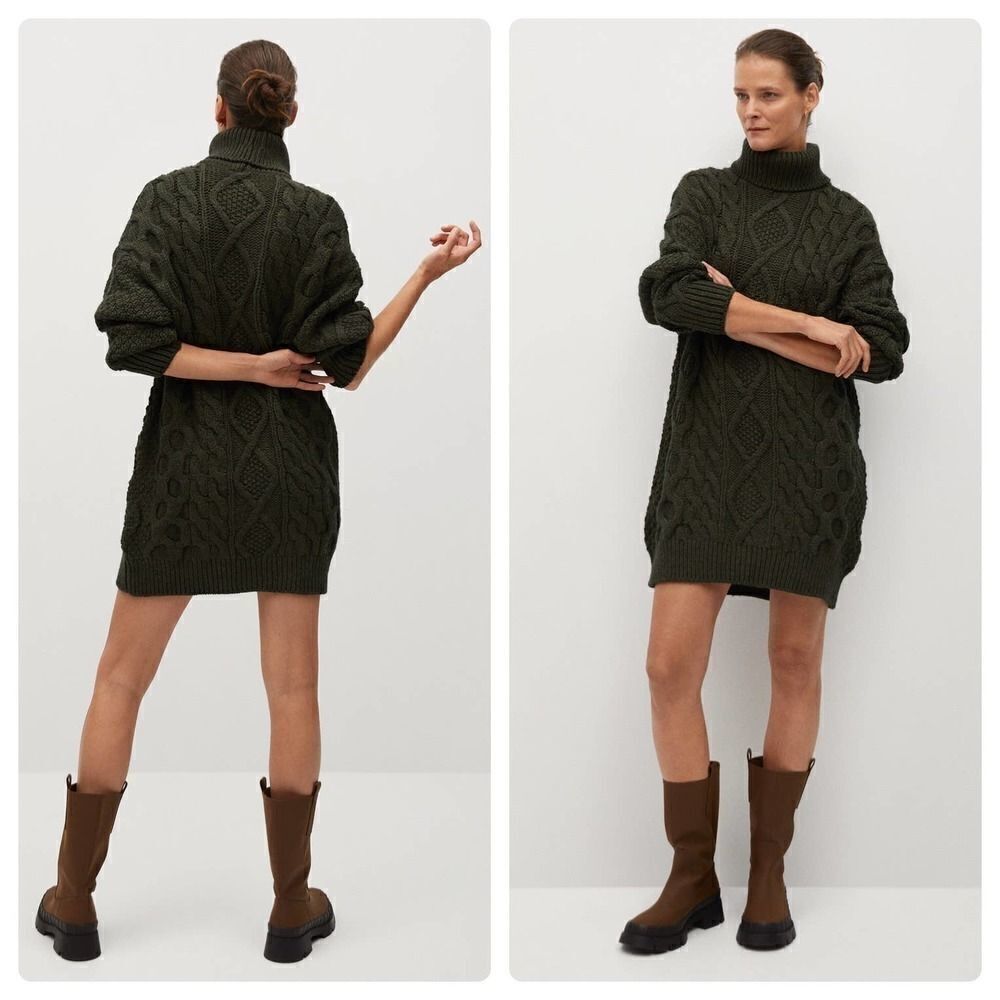 Mango Cable Knit Chunky Dress Braids Oversized Turtleneck Khaki - Picture 7 of 7